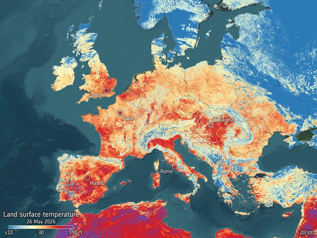 Imagen satelital de Sentinel-3 que muestra las superficies recalentadas de Europa durante la ola de calor de junio de 2026