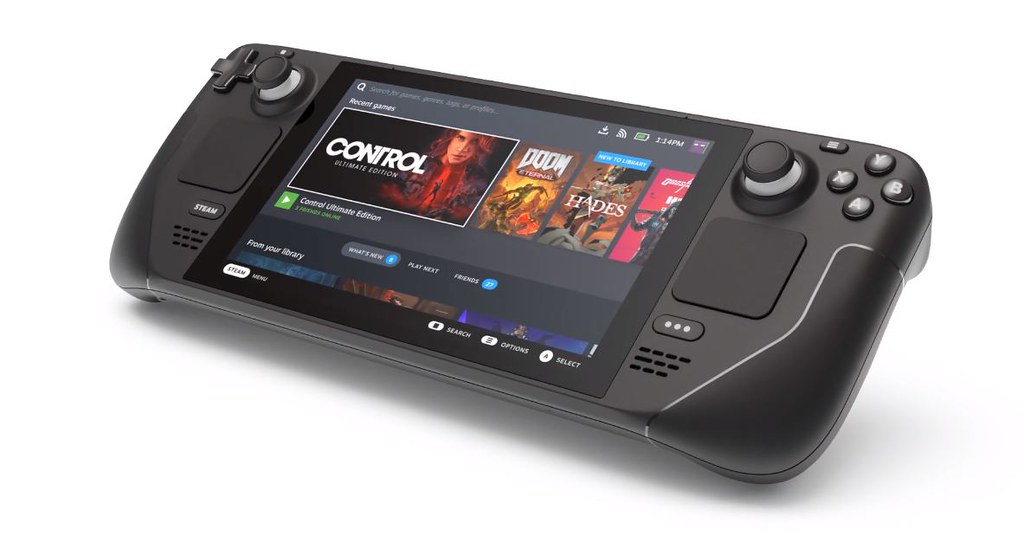 Consola portátil Steam Deck de Valve con SteamOS en pantalla