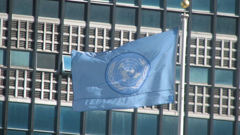 Bandera de la Organización de las Naciones Unidas ondeando