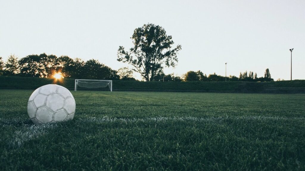 Balon de futbol sobre el cesped al atardecer