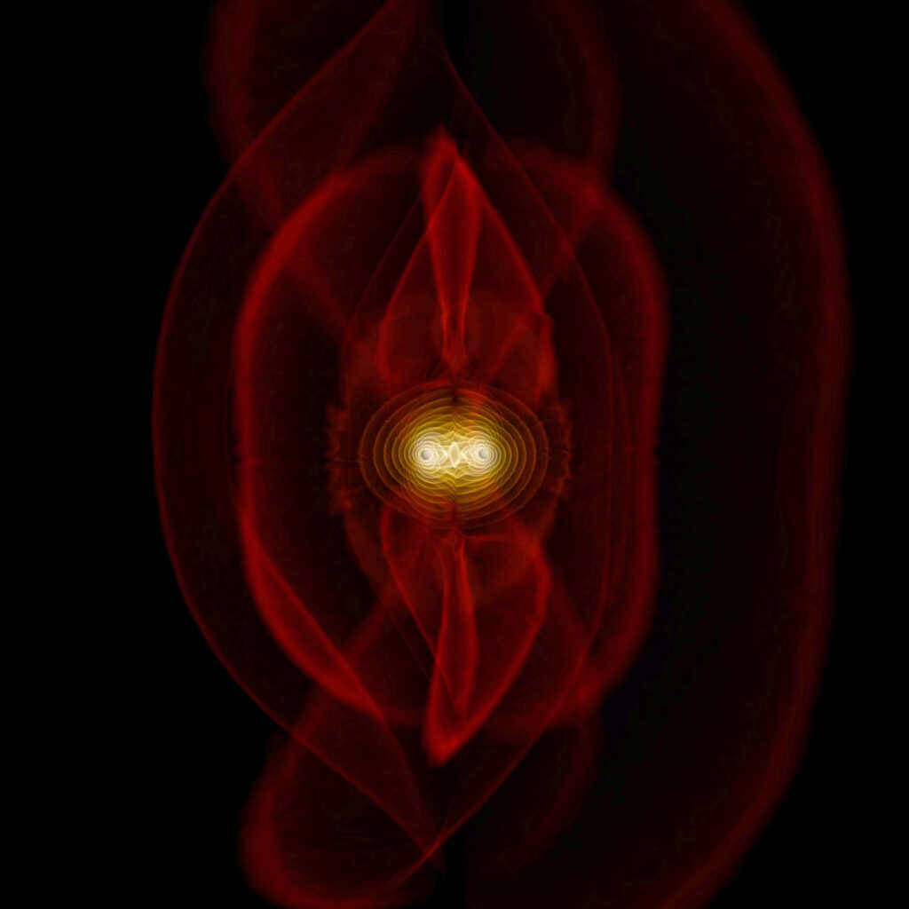 Simulacion de la fusion de dos agujeros negros emitiendo ondas gravitacionales