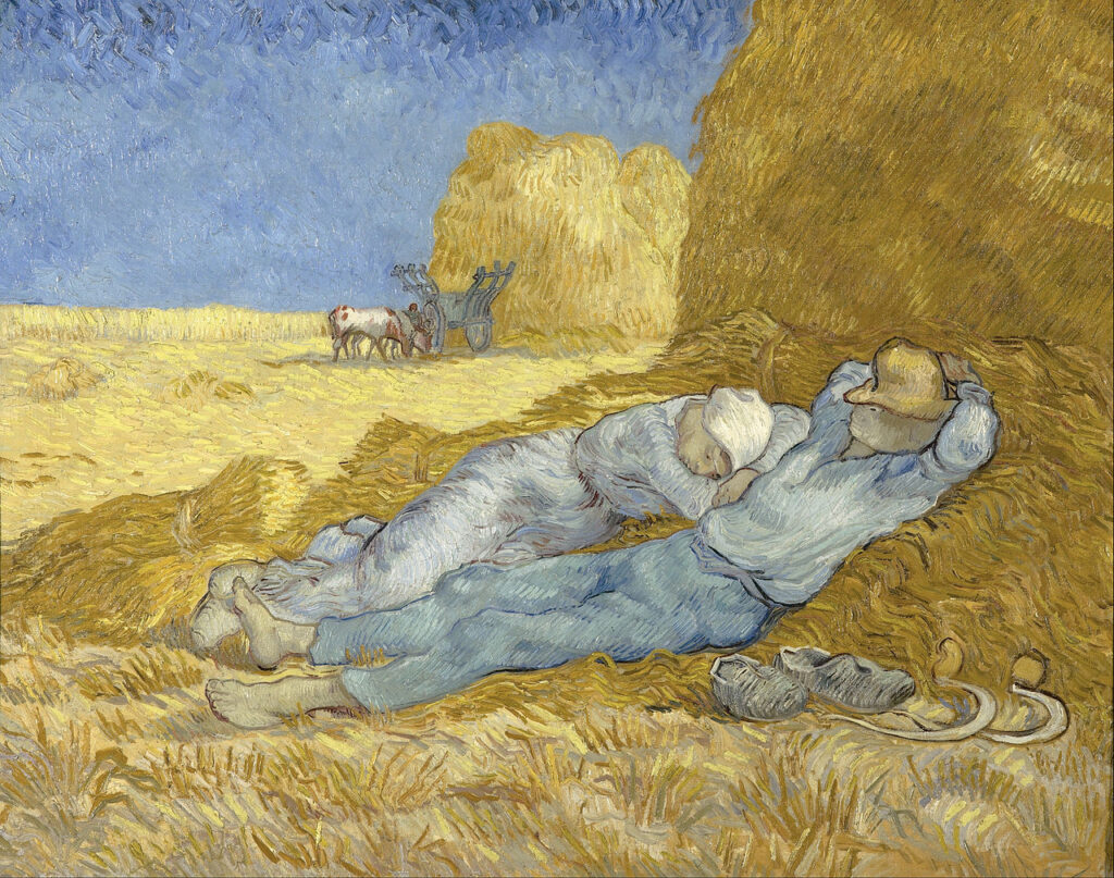 Pintura de dos campesinos que duermen la siesta a la sombra, recostados sobre pacas de heno