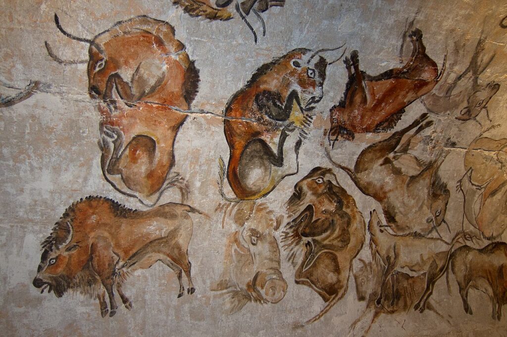 Techo policromo con bisontes de la cueva de Altamira, en Cantabria, España
