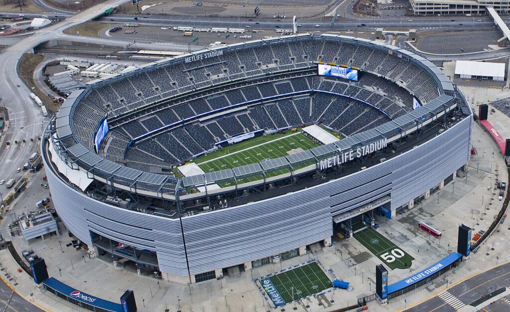 Vista aérea del MetLife Stadium en Nueva Jersey, sede de Noruega vs Brasil